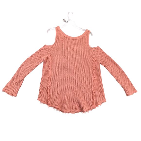 Free People Open Shoulder Waffle Knit Sweater Women's L Apricot Cotton Fringe - Picture 2 of 10